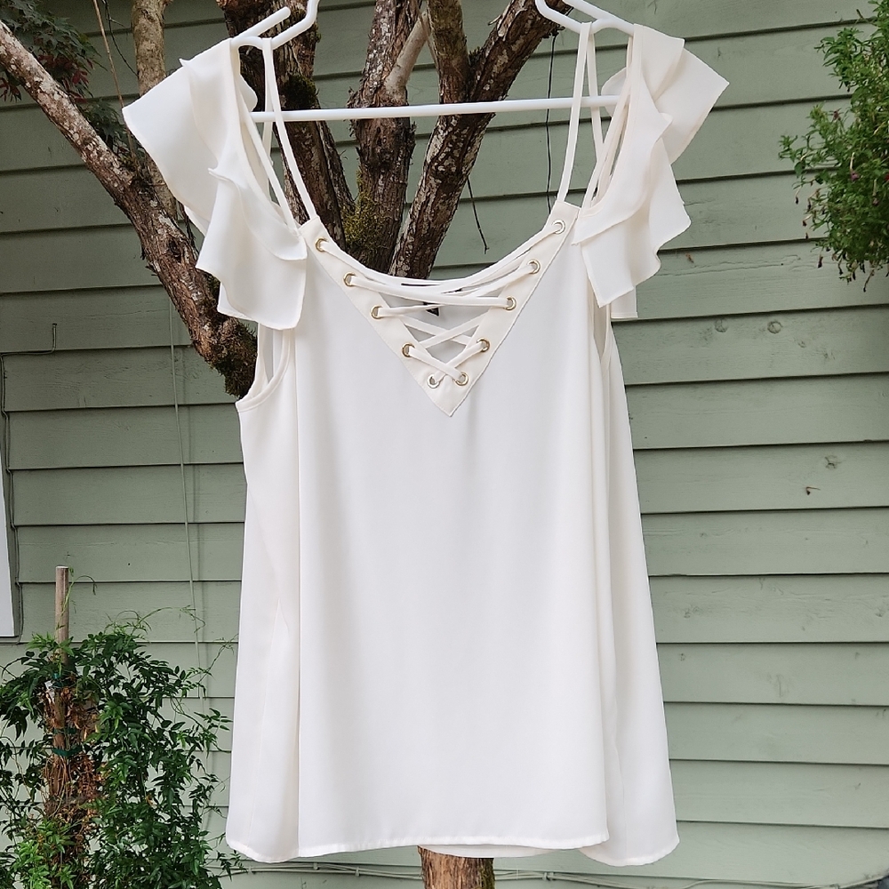 Express White Ruffle Lace-Up Blouse